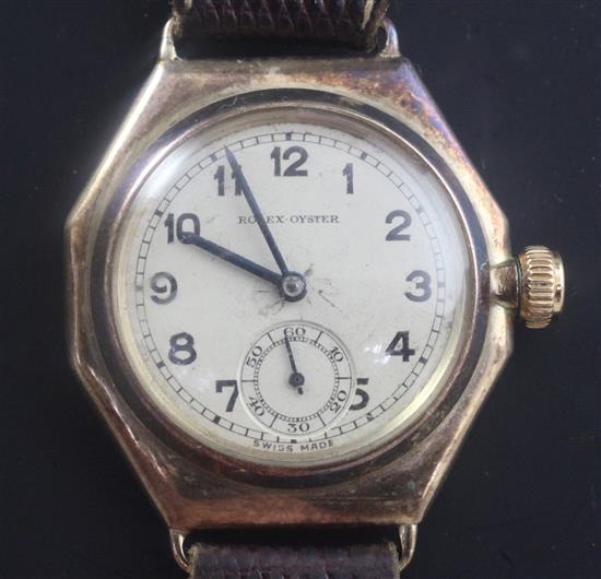 A gentlemans 1930s 9ct gold Rolex Oyster octagonal cased manual wind wrist watch,